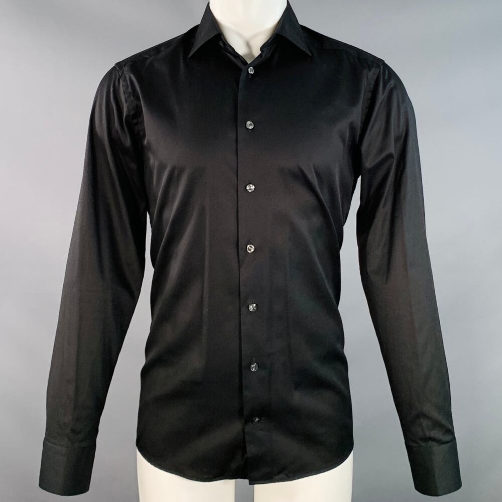 ETON Size 39 Black Cotton Twill Spread Collar Button Down Long Sleeve Shirt